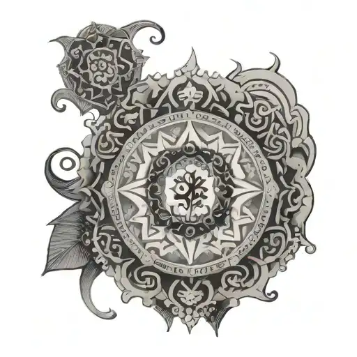 An Intricate Mandala Tattoo Incorporating Zodiac Signs And Musical Elements