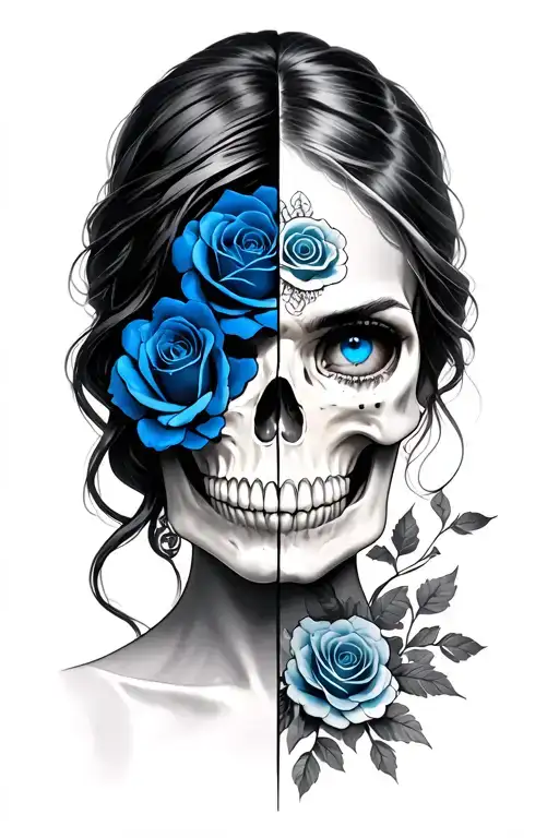 Half Women Half Skull With Blue Eyes And Blue Roses