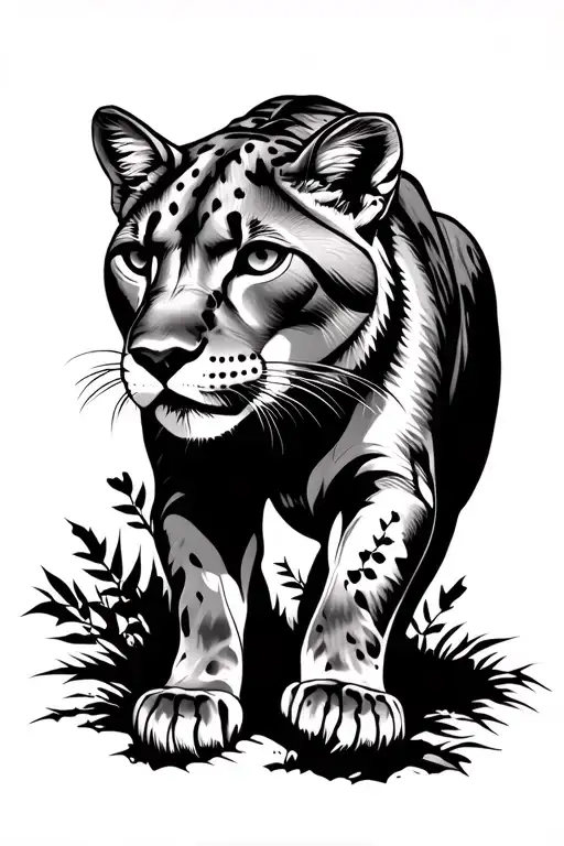 Tattoo Full Body Front View Of Mountain Lion Walking Towards
