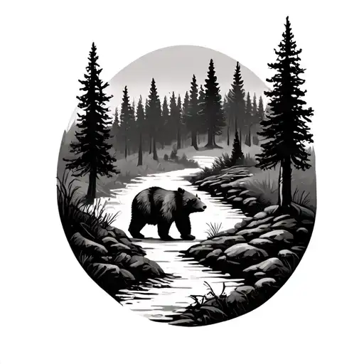 Forest Scene Featuring Bears Walking On Two Different Paths