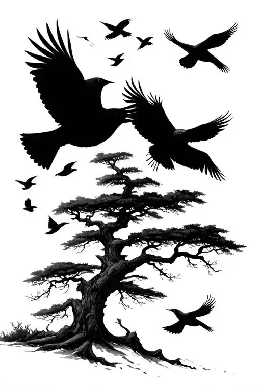 Tree With Flock Flying Black Birds Flying Away