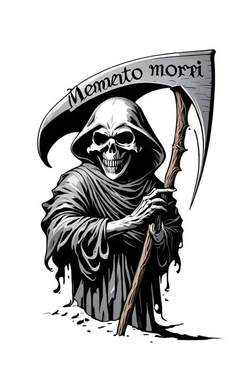 Grim Reaper With Scythe Written Memento Mori Text