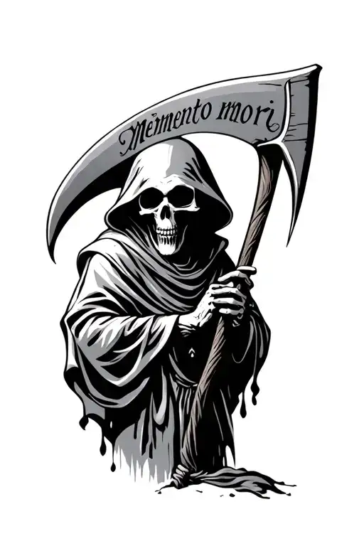 Grim Reaper With Scythe Written Memento Mori Text
