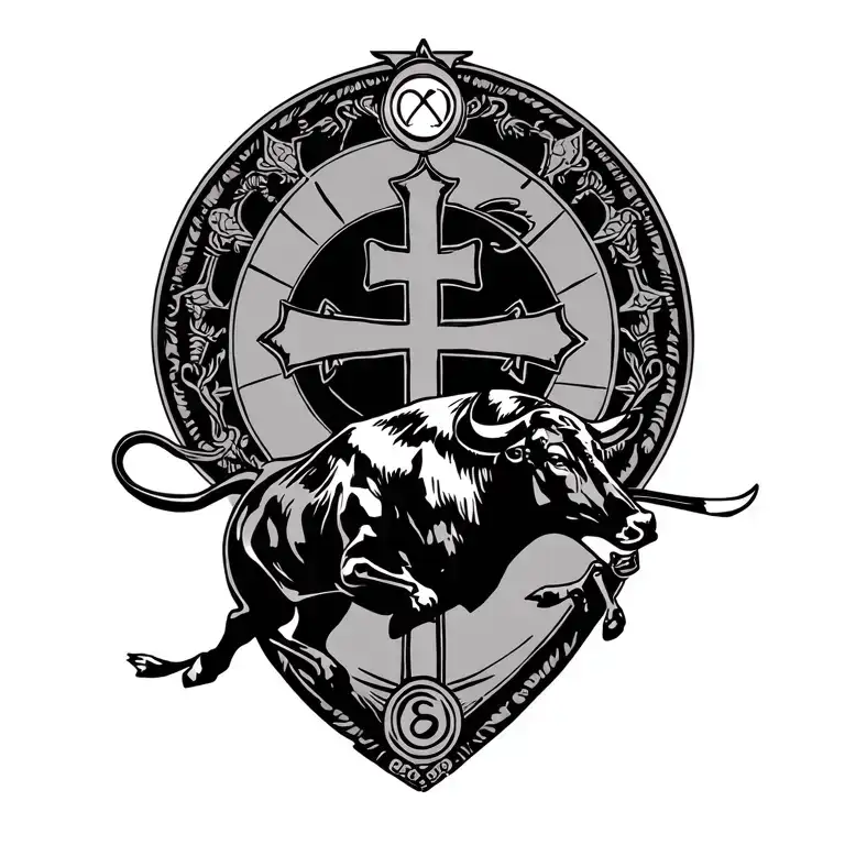Cross With Romani Chakra Wheel Behind It And A Bull Chasing A Matador Flag