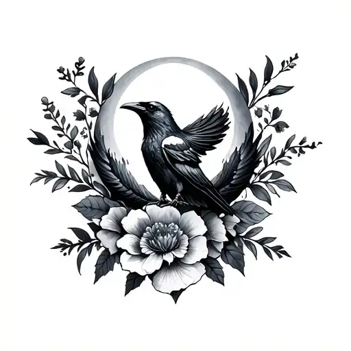 Raven With Moon And Flowers