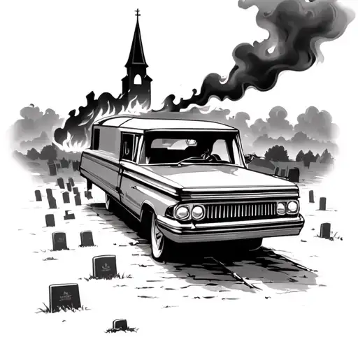 Hearse In Foreground Of Graveyard With Burning Church In Background