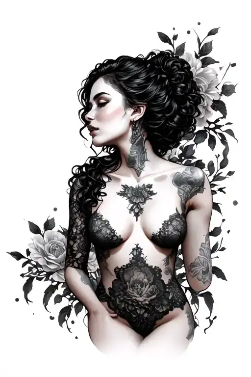 Nude Women Full Body Black Silk Lace Clean Shaven