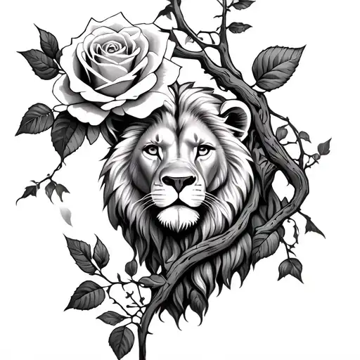 Make Me A Male Sleeve With A Rose Connecting To A Vine With A Lion On It