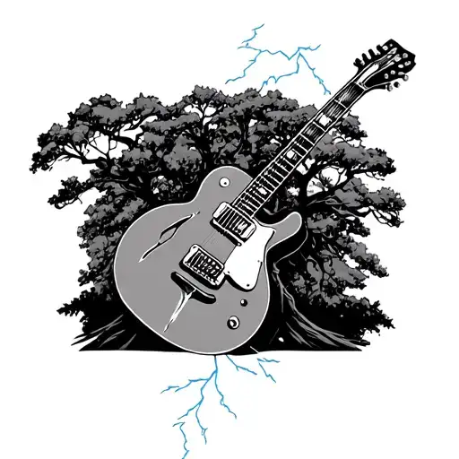 Guitar With Oak Trees Surrounding It And Lightning Coming From The Bottom