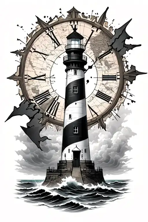 Lighthouse In A Storm With A Broken Clock Above And Nautical Map Backround