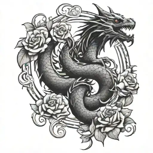 Dragon Wrapped Around Rose Tree Of Life In The Background