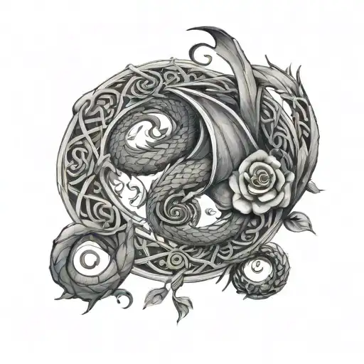 Dragon Wrapped Around Rose Tree Of Life And Celtic Spirals In The Background