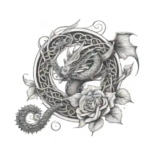 Dragon Wrapped Around Rose Tree Of Life And Celtic Spirals In The Background