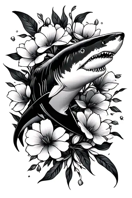 Shark Swiming Between Flowers Blooming