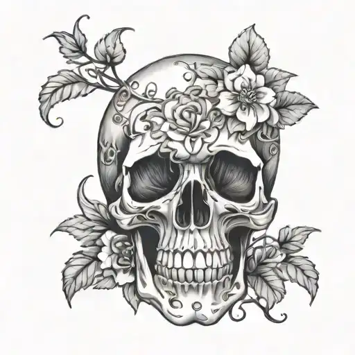A Skull With Vines Coming Out Of It And Blooming Into Flowers