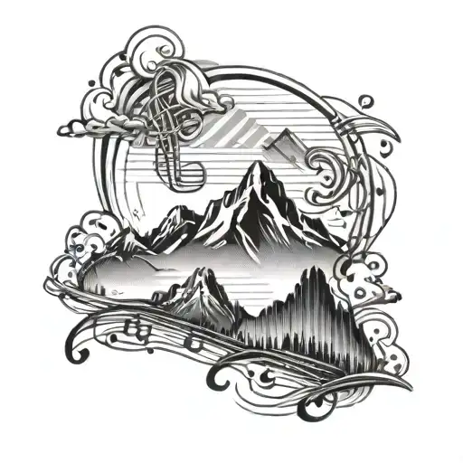 A Tattoo Design Combining A Silhouette Of A Mountain Range With Musical Notes Flowing Through It