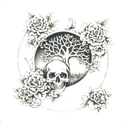 Flowering Tree Of Life Atop A Field Of Skulls Encased In A Circle