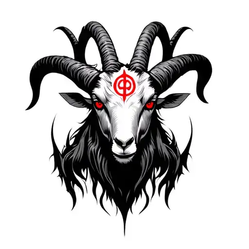 A Black White Shaded Demonic Baphomet Goats With Red Eyes On The Forehead A Red Symbol