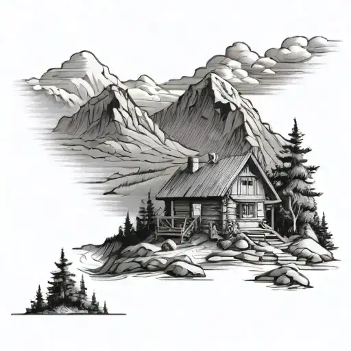 A Mountain Landscape With A Trail Leading To A Book-shaped Cabin In Black-grey Style