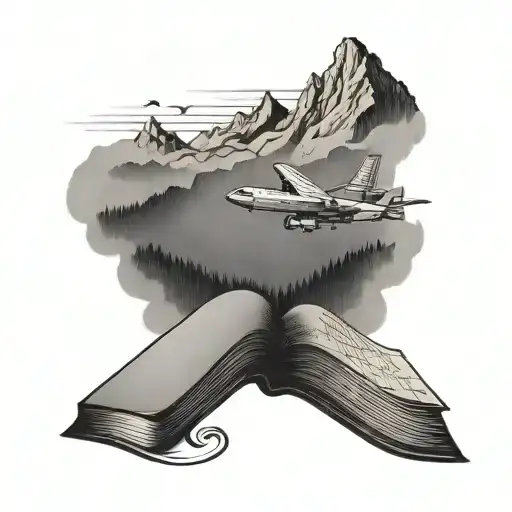 An Airplane Flying Over A Mountain Range With A Book As A Trail In Black-grey Style