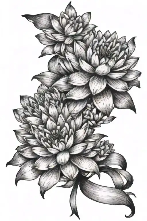 Water Lily And Larkspur Bouquet Tied Together With A Ribbon