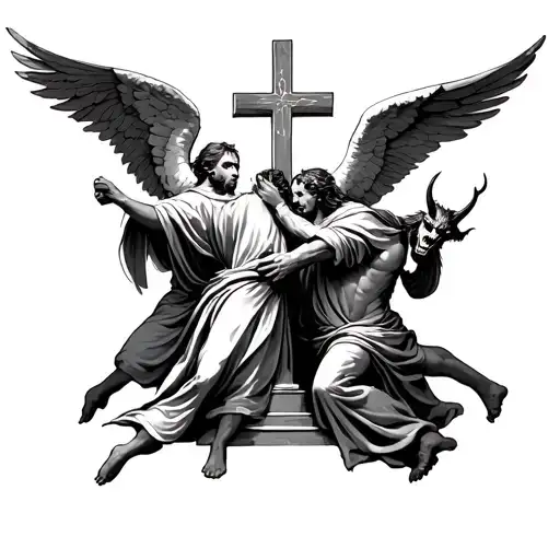 Robed Angels And Horned Demons Fighting In A Catholic Church