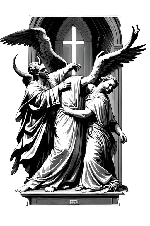 Robed Angels And Horned Demons Fighting In A Catholic Church