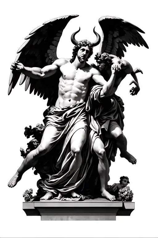 Greek Statue Robed Angels And Horned Demons Fighting In A Catholic Church