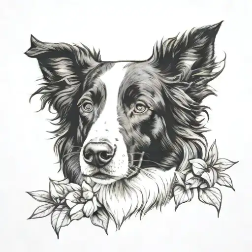 2 Border Collie Dog Busts Surrounded By Rhodedendrons