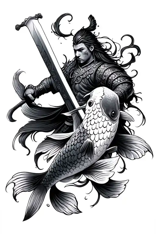 Koi Fish And Warrior Wielding A Sword
