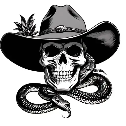 Skull Wearing A Cowboy Hat With A Snake And Iguana