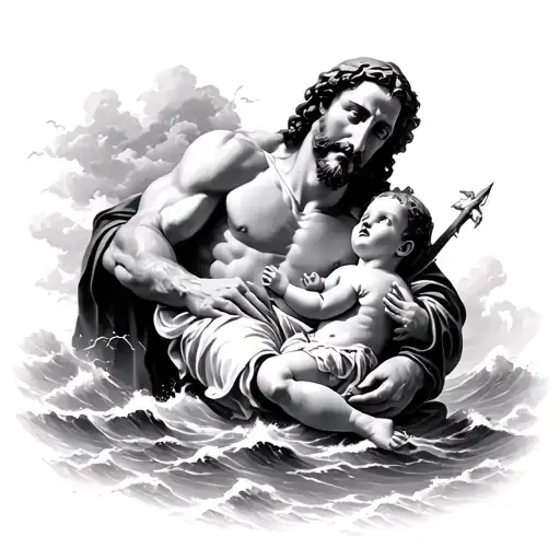Saint Christopher Carring Baby Jesus Through A Storm