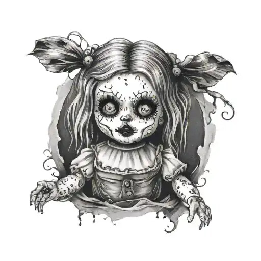 A Black-grey Tattoo Of A Creepy Doll Inspired By A Horror Movie