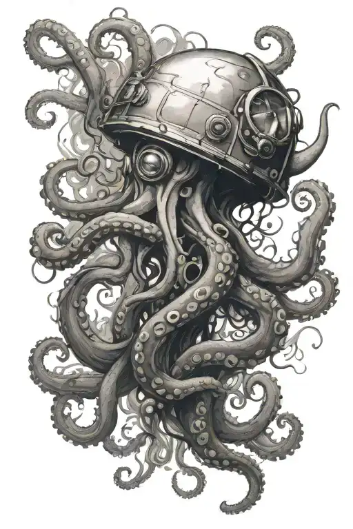 An Underwater Scene With Octopus Tentacles Reaching Up Towards A Floating Astronaut