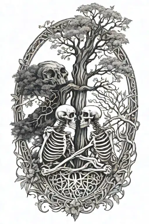 Skeleton Couple Intertwined In The Middle Of A Tree Of Life With A Dog Paw