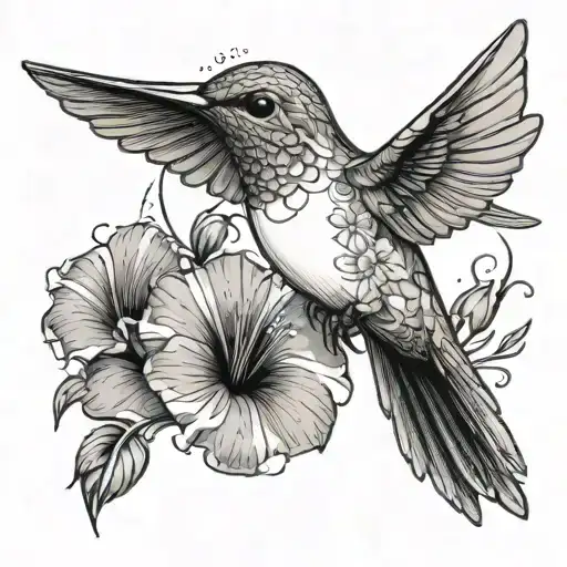 A Minimalist Design Of A Hummingbird In Flight With A Trail Of Morning Glory Flowers Behind It