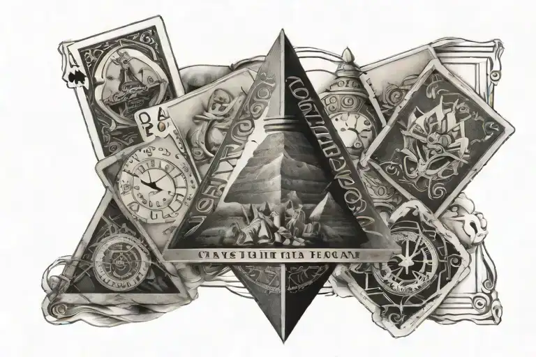 Pyramids With Clock And Playing Cards Arranged