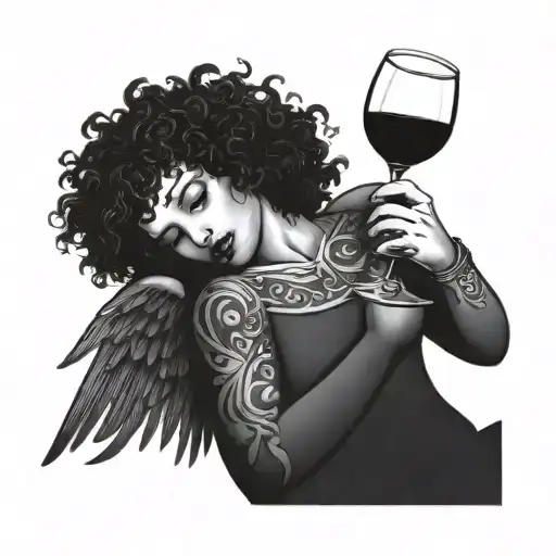 Curly Haired Angel With Tattoo Drinking Wine