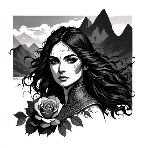 Warrior Woman With Roses And Mountains Half Human Half Warrior