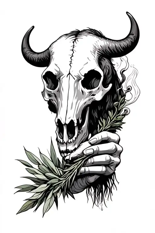 Bison Skull And Skull Hand Holding Smoking Sage Bundle Black White