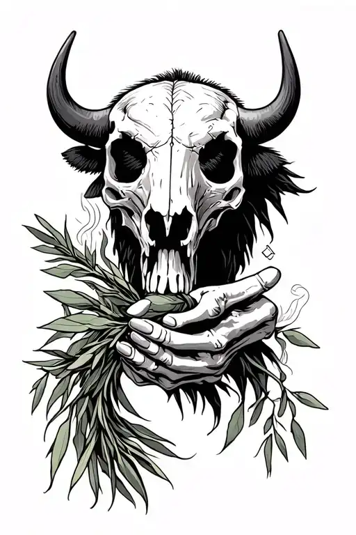 Bison Skull And Skeleton Hand Holding Smoking Sage Bundle Black White