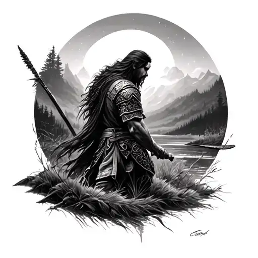 Warrior In Nature Looking At Cross