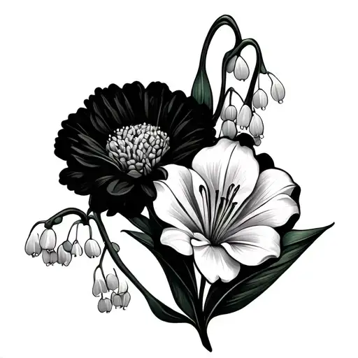 Two Lily Of The Valley Flowers With A Marigold Flower