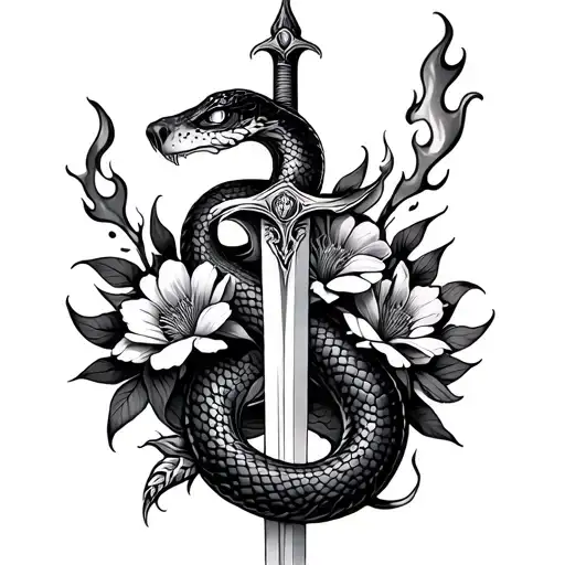 Snake With Flaming Sword And Flowers Intertwined