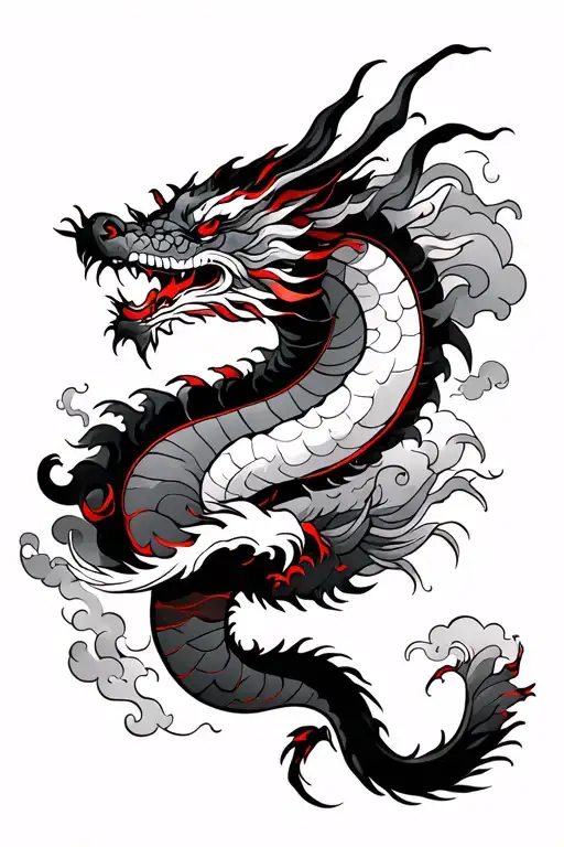 Arm Sleeve Tattoo Japan Dragon With Japan Clouds And Waves With Subtle Red Lines And Smokes