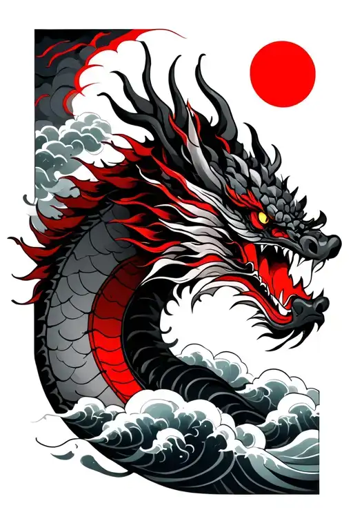 Arm Sleeve Tattoo Japan Dragon With Japan Clouds And Waves With Subtle Red Lines And Smokes
