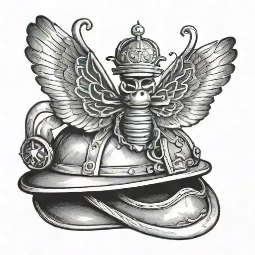 A Black-grey Tattoo Of A Fire Chief's Helmet With Dragonfly Wings