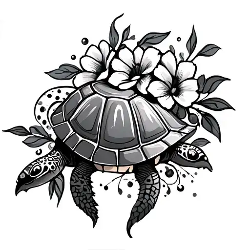 Tribal Tattoo With Flowers And Turtle