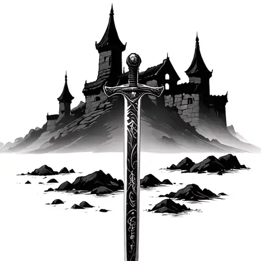 Katana Blade In The Ground Outside A Castle Silhouette
