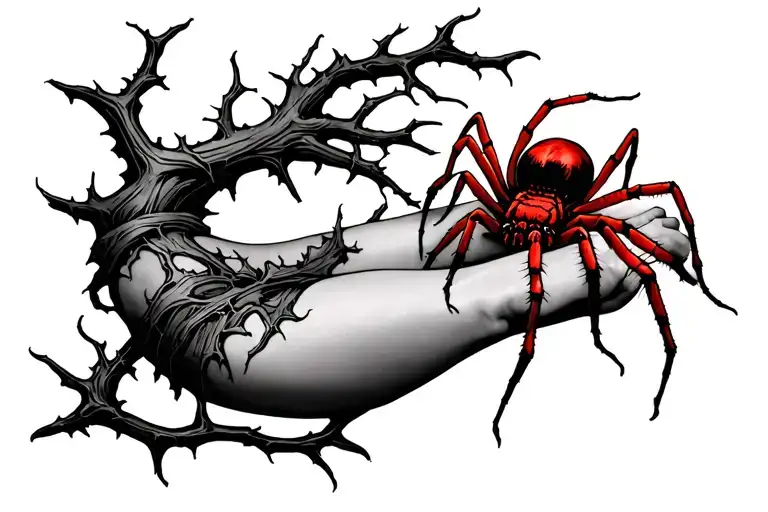 Leg Sleeve With A Dead Thorn Vine Wrapped Around The Leg And A Red Back Spider And A Spider Wed